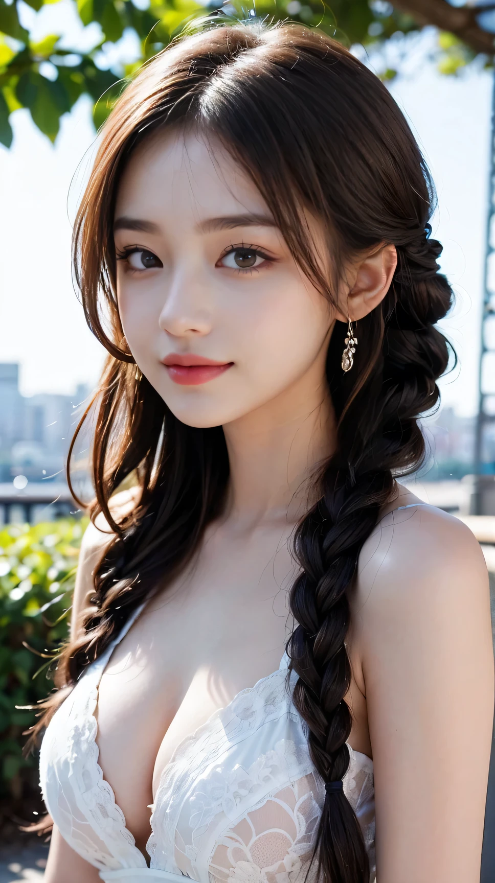 masterpiece, highest quality, very detailed, 8k, realistic, soft focus, detailed and beautiful eyes, detailed face, double eyelid, 1 girl, alone, beautiful skin, real human skin, close up shot, whole body, Beautiful and firm chest, beautiful cleavage, mature body, 18 year old girl, beautiful girl, japanese idol, (french braid:1.3), brown hair, break,(Pareo dress with a zigzag chevron motif that creates a gradation with similar white colors, pink, and fuchsia, and shines brightly),break, Smile,Position near the park with the Eiffel Tower in the background, model pose, NSFW