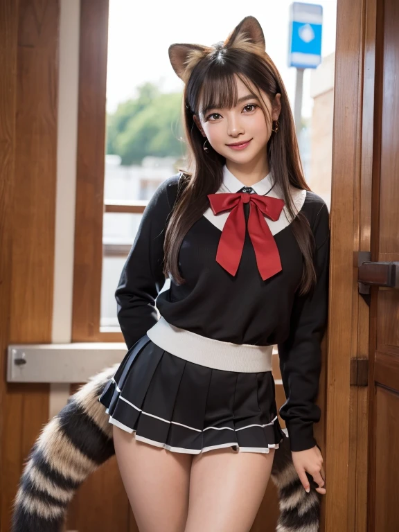 ((Highest quality, 8k)), ((masterpiece)), (Highest Resolution), Perfect Face, Raccoon Girl, Female announcer, Beautiful woman, public, One tail, she has thick thighs, Big tail, She has an orange raccoon tail., She wags her tail, smile, Fur collar, She wears a uniform, Beautiful Hips , Her skirt is pulled up by her tail