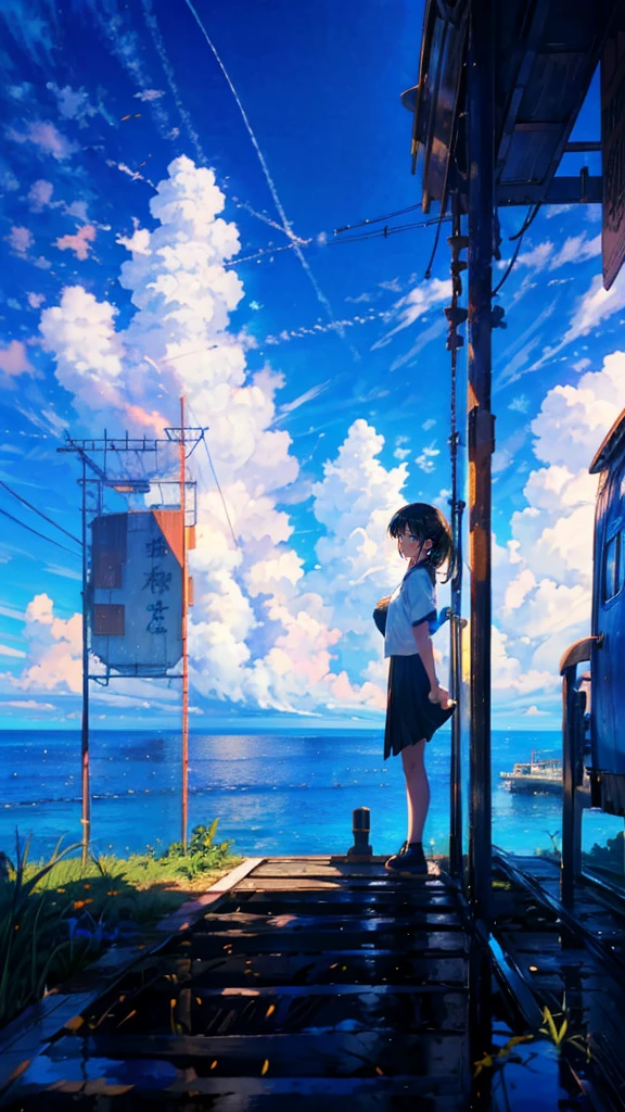 (Mastepiece), (Best Quality), Very detailed, (1 girl:1.5), (Full body solo shot:1.4), Perfect Face, beautiful girl, Very detailedな顔，(Black medium hair:1.5)，(blue eyes:1.4)，(Short sleeve white shirt:1.4)、(High school girls:1.4)、youth、bird、sunlight、(Ocean、Station platform:1.4)、(train、line:1.5)、(Summer in the countryside、cumulonimbus、blue sky:1.4)、mysterious、Fantasy、beautiful、Beautiful Landscape