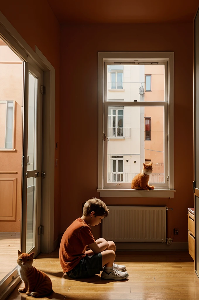 Illustration for a cartoon about a boy and a red cat, sitting by the window