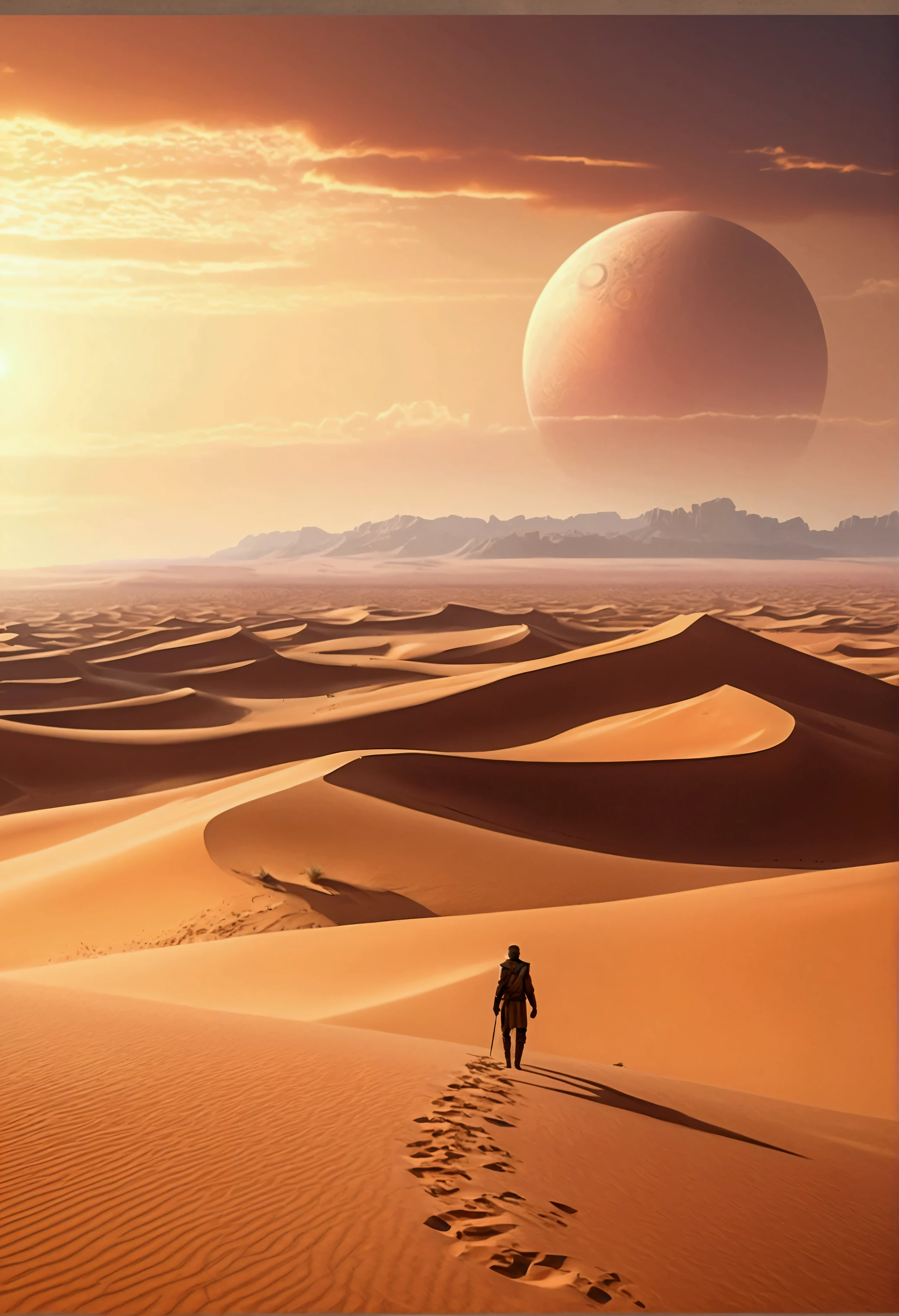 a detailed illustration of a desert landscape on the planet Arrakis from the Dune universe, sand dunes, twin suns in the sky, a lone figure walking across the vast expanse, detailed futuristic architecture in the distance, cinematic lighting, muted color palette, dramatic shadows, highly detailed, 8k, photorealistic, concept art style
