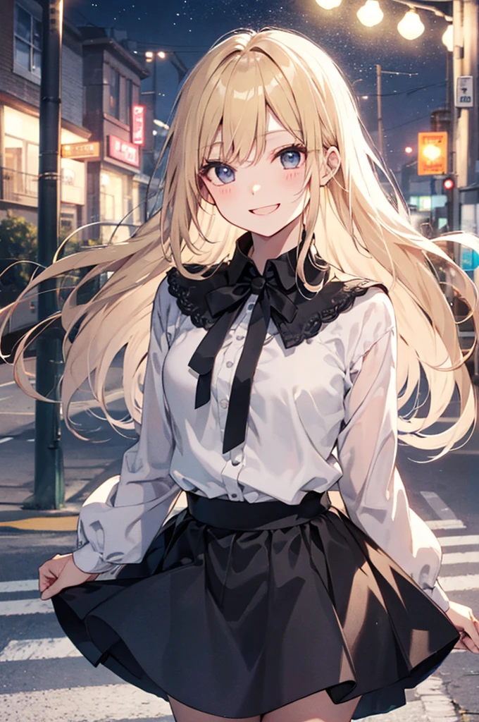 （Pretty sister:1.3）、long eyelashes、happy face,spring atmosphere、evening、aggressive、hot、((strong wind))、black skirt、shining 白ショルダートップス、company、blonde