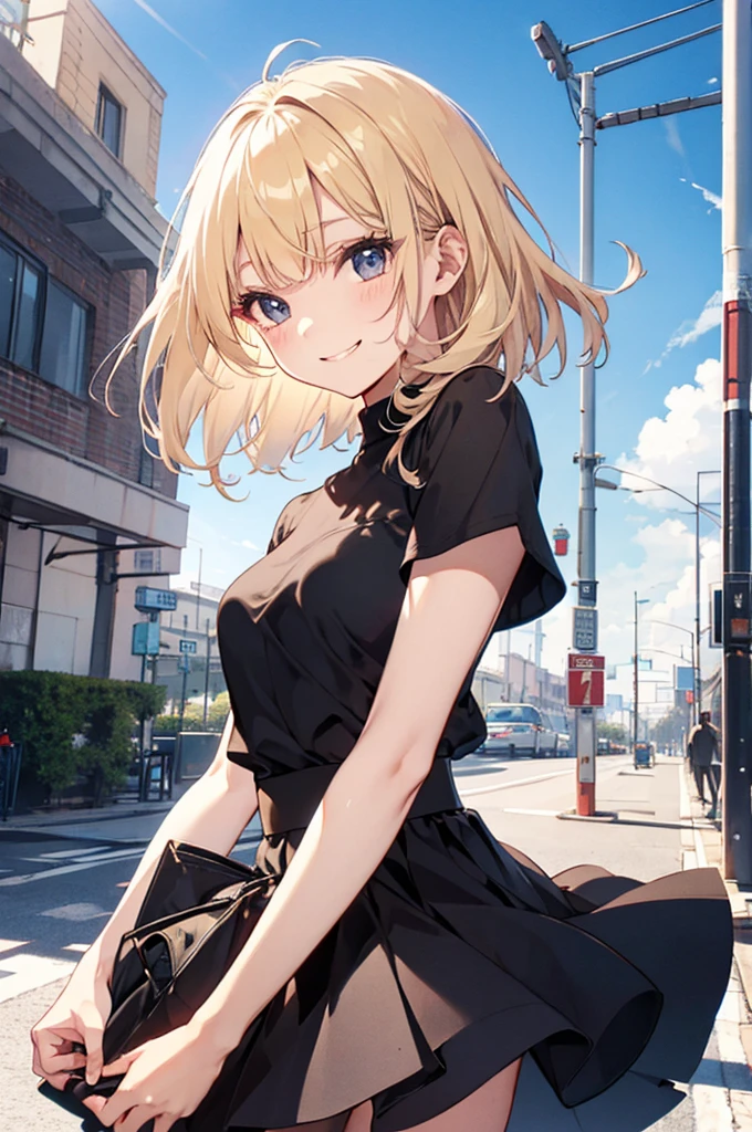(Pretty sister:1.3)、long eyelashes、happy face,spring atmosphere、evening、aggressive、hot、((strong wind))、black skirt、shining 白ショルダートップス、company、blonde