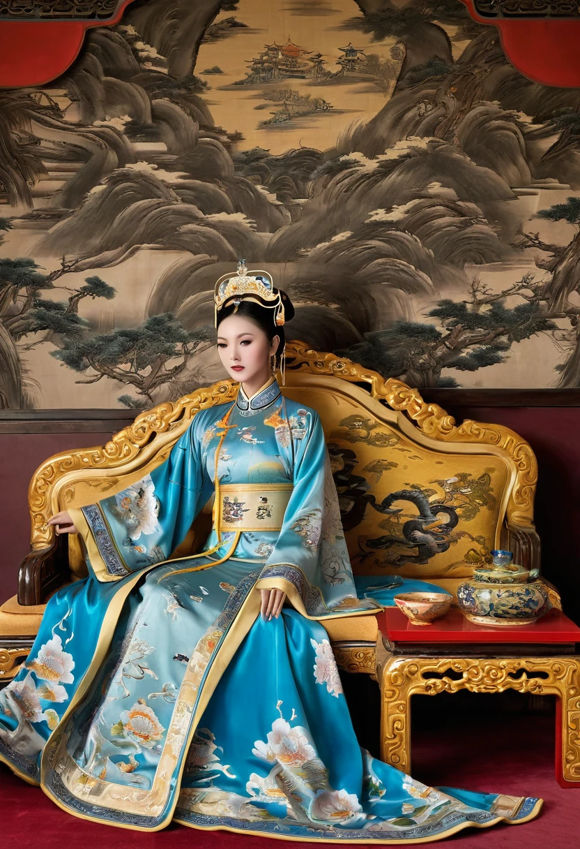 Gorgeous Empress of the Chinese Court during the Qing Dynasty Gorgeous Empress of the Chinese Court on a sofa, nude, large and golden, with her legs on the sofa, wide open, knees bent, in an M pose (pornographic pose), with her hair tied on both sides The background of this perverted and erotic woman wearing a crown and tying her hair is the Chinese court of the Qing Dynasty. The scene is set in the luxurious room of an empress in the Qing Dynasty Chinese court.
Translated with DeepL.com (free version)