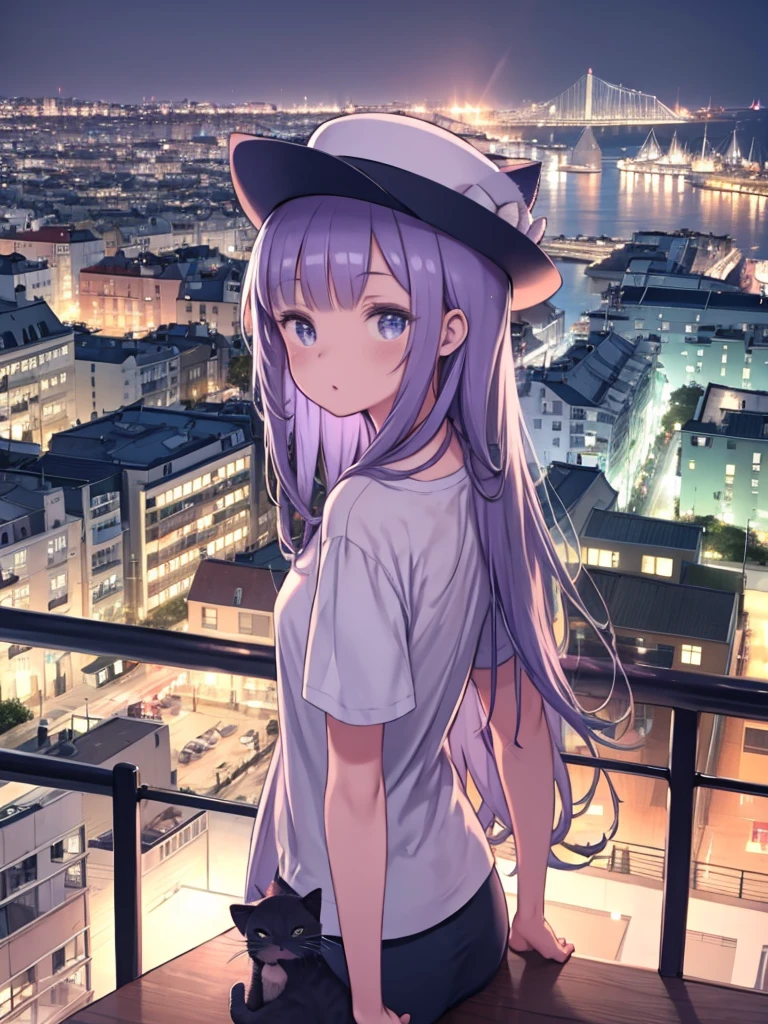 Blue T-shirt、Wearing a white hat、((Cat))、Seaside town、cute、look back、In 8K、Large file size、When watching the audience、 Overlooking the cityscape、Midnight,detailed、Long Hair,pastel colour、Purple Hair