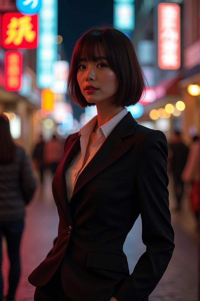 (Highest quality、Highest quality、8k resolution、masterpiece、Professional photography、Award-winning works)、(mature beautiful japanese woman:1.1)、(Stroll through the entertainment district, filled with nightlife and glamour:1.1)、(Strongly blurred background:1.1)、The most romantic and moody atmosphere、(The perfect business suit:1.2)、Standing Elegantly、Voluptuous body、(Straight Short Hair:1.1)、The best smile when he sees me、Large Breasts、Perfect Makeup、Beautiful lipstick、Elegant eyeshadow、Long eyelashes、Ultra-high resolution glossy skin、(Accurate anatomy:1.1)