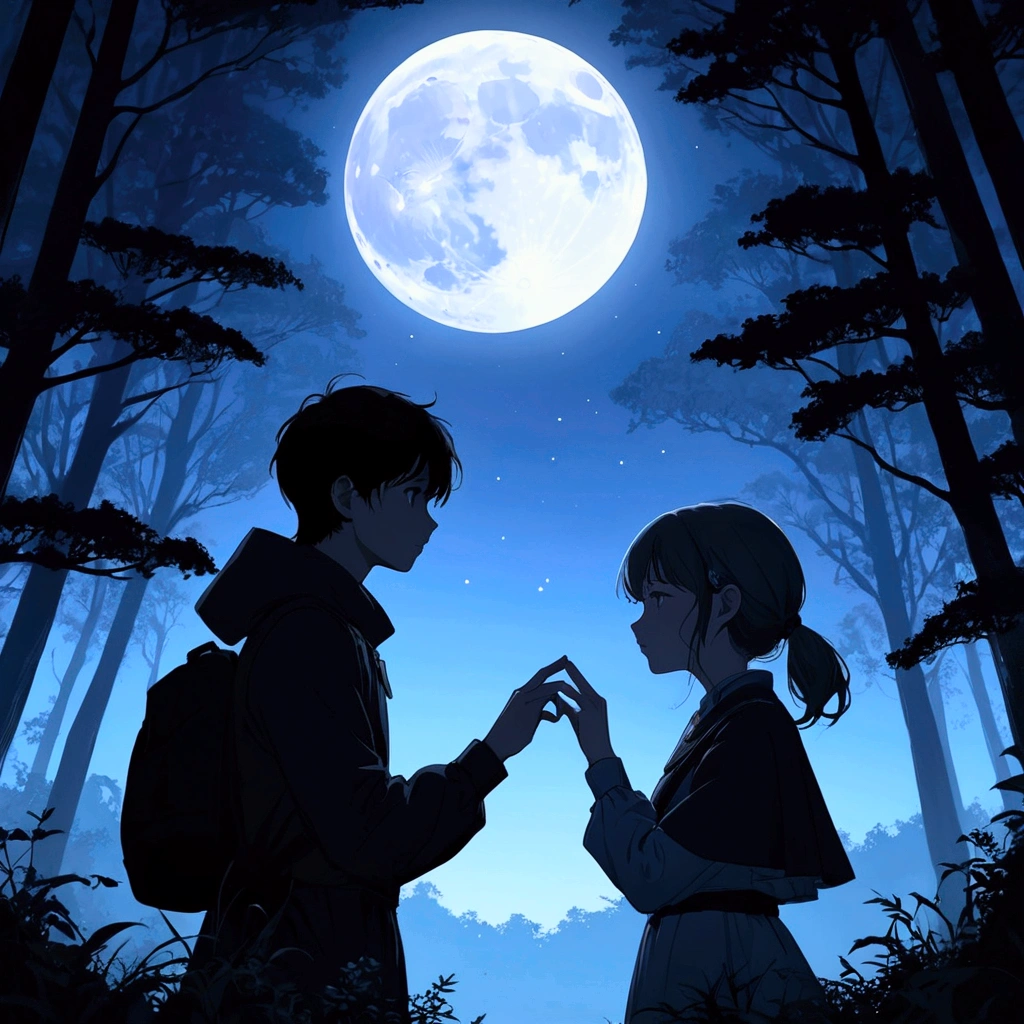 1girl, 1boy, face to face, hill, forest, moon, night, silhouette, interlocked fingers, betterhand