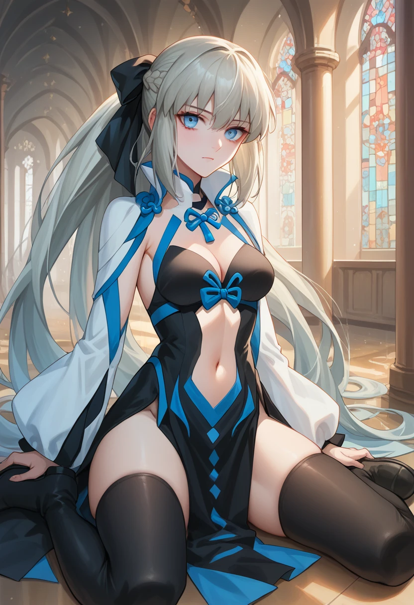 score_9, score_8_up, score_7_up, 1girl, solo, long hair, grey hair, blue eyes, very long hair, ponytail, black ribbon, hair ribbon, french braid, short dress, detached sleeves, cleavage, clothing cutout, detached collar, pelvic curtain, black boots, thigh-boots, sittin on ground, inexpressive, looking at you, inside a medival palace