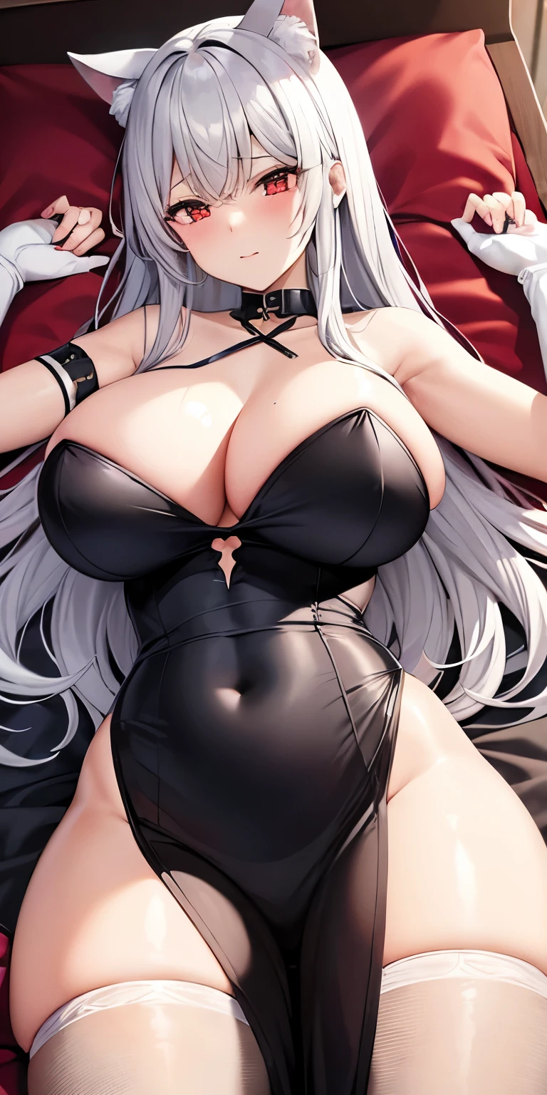 Highest quality　High resolution　A lovely young and beautiful woman　Red eyes　Beautiful gray hair　Medium Perm　Cute Gentle Girl　Cat ear　Fascinating beautiful underwear　Fascinating maid outfit　 services　驚異的な魅力を持つ童貞キラーのBig Tits　Sexless　st miIncest　Re　Chubby　Bigts　Super Breasts　Big Tirotic and seductivwear　横乳はSuper Breasts　Admen Mature Women　Voluptuous bodyエロセンシティブで卑猥なピチピチ、She is wearing stocand white thigh-high socks, She wears gloves, Frivolous and lascivious expressions, She has a condom in her hand, Mature mature woman face, Huge breasts, Huge thighs, HugeVoluptuous body, Goonce, I  you to lie down in bed t and have sex with me　She uces with a contraceptive condom in her hand