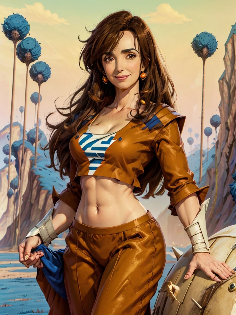 8k, Best Quality, Victoria Villarruel dressed as Goku in orange and blue, long dark brown hair, thin figure with wide hips, warm and smiling expression. desert, clearing, plain, namek trees background.