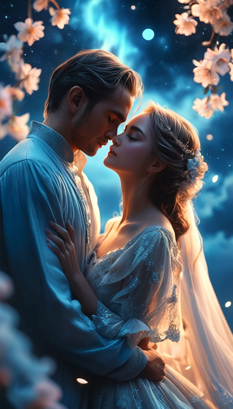 Moonlight confession, intricate detailed moonlight romantic couple, emotional dramatic lighting, beautiful flowing fabric, dreamlike ethereal atmosphere, delicate tender embrace, intense passionate connection, serene calming night sky, soft glowing moonlight, stunning detailed background, atmospheric moody tones, photorealistic hyperrealistic style, (best quality,4k,8k,highres,masterpiece:1.2),ultra-detailed,(realistic,photorealistic,photo-realistic:1.37)