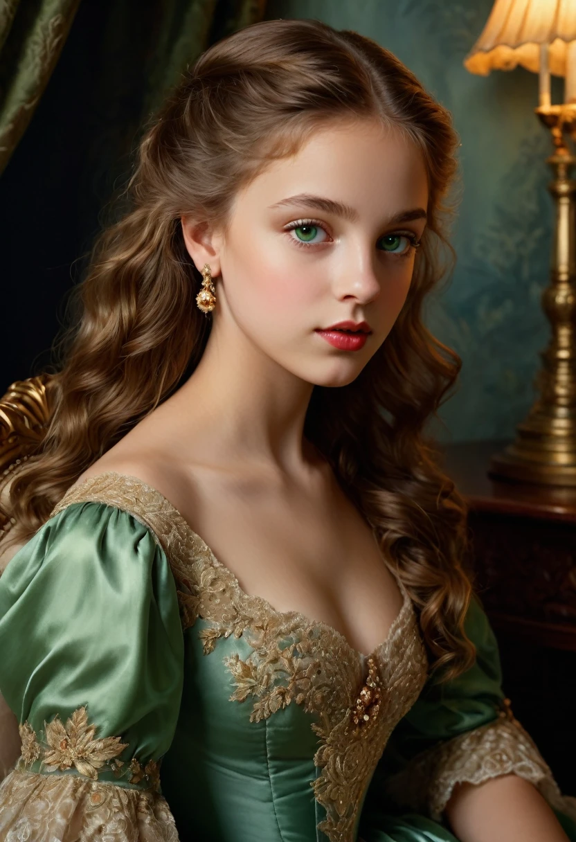 (highres,masterpiece:1.2),(realistic:1.37)A portrait oil painting!!!!!!!! by sargent!!!!!!! of a Russian vampire  12 year old girl in the 18th century with unparalleled beauty. She has mesmerizing green eyes and delicate rosy lips. (extremely beautiful!!!!!! pretty!!!!! young face!!!!!), The portrait is meticulously detailed, capturing every subtle nuance of her features. She is adorned in an exquisite gown, embellished with intricate lace and delicate embroidery. The painting showcases the opulence of the era, with lush velvet curtains and gilded furniture in the background. The lighting is soft and diffused, accentuating the girl's ethereal beauty. The colors are vibrant and rich, creating a captivating visual experience. The portrait is created in the style of classical portraiture, reminiscent of the works of renowned artists from the era. It exudes elegance, grace, and sophistication., contraposto!!!!!!!!!!!!!. (flat!!!!!! tiny!!!!!! chest)