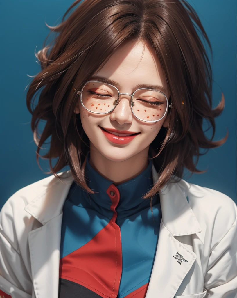 1 girl, android 21, dragon ball fighter Z, masterpiece, 4k, realistic, long whavy brown hair, shining blue eyes, red eyeliners, freckles, square glasses, labcoat, chess patterned dress, blue and red patterned dress, big smug smile, leaning to viewer, walf closed eyes, big blush, blurry background, bright colors, close up, face focus.