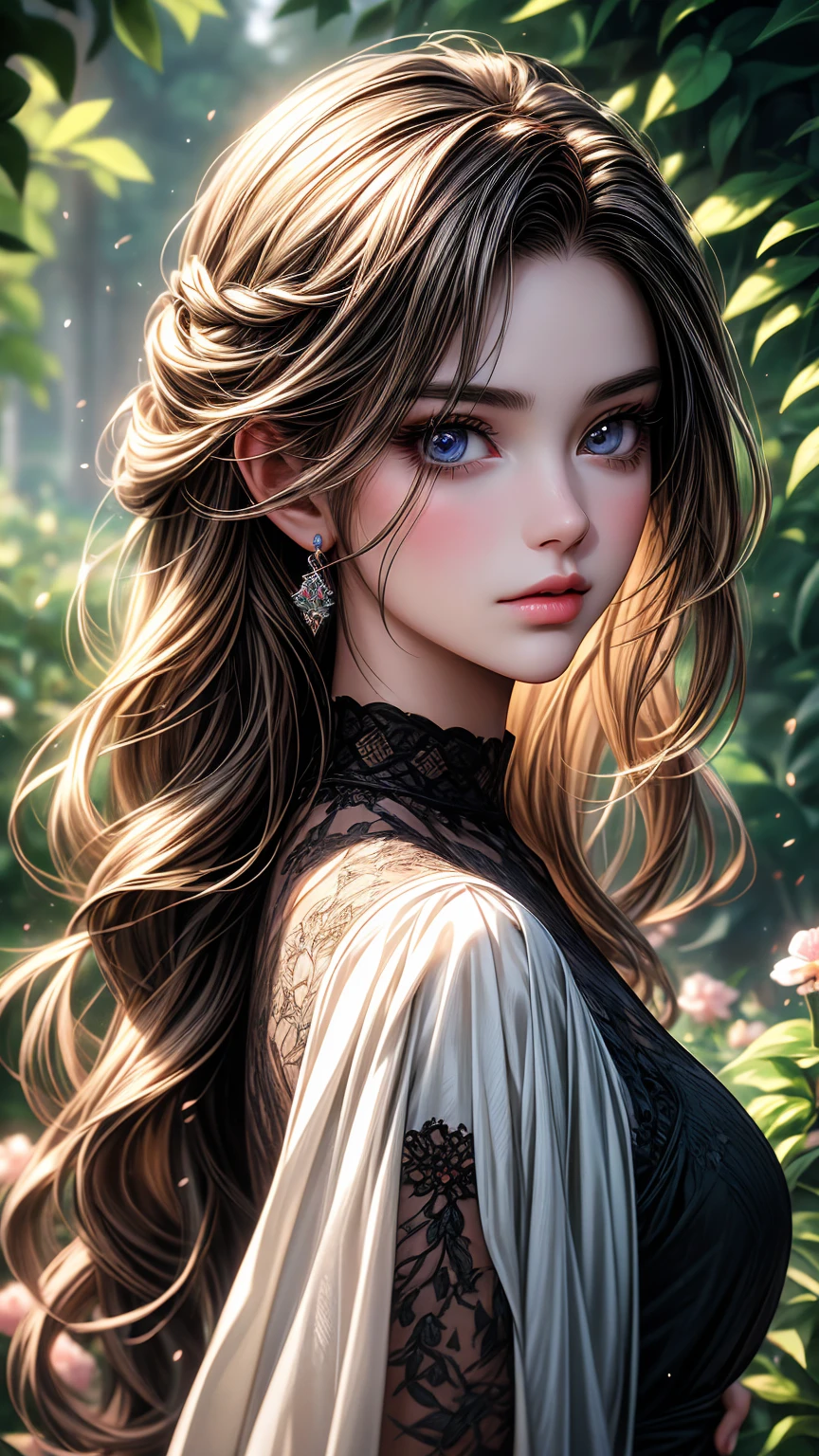 A girl in a garden,beautiful detailed eyes,beautiful detailed lips, long styled hair, extremely detailed eyes and face,longeyelashes,illustration,ultra-detailed,best quality,4k,8k,highres,masterpiece:1.2,ultra-fine painting,sharp focus,professional,vivid colors,portraits, dark aura