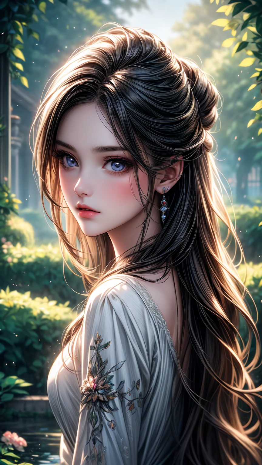 A girl in a garden,beautiful detailed eyes,beautiful detailed lips, long styled hair, extremely detailed eyes and face,longeyelashes,illustration,ultra-detailed,best quality,4k,8k,highres,masterpiece:1.2,ultra-fine painting,sharp focus,professional,vivid colors,portraits, dark aura
