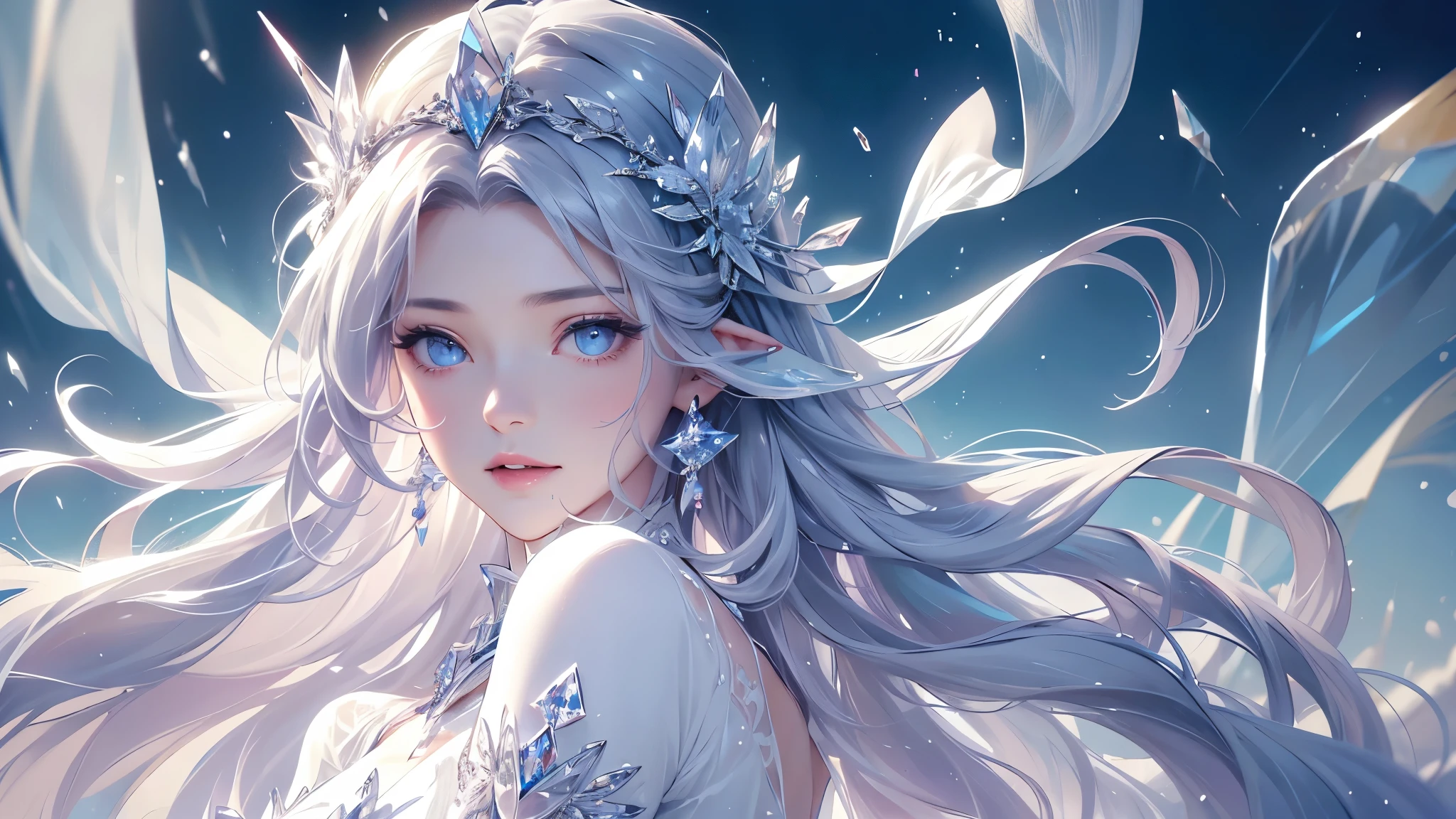(masterpiece、Highest品質、Highest、Official Art、beautifully、aesthetic、exposed for a long time:1.2)、Smooth movement、Attractive patterns、One Girl、(Long dress with sleeves:1.3)、(((White clothes)))、Upper Body close-up、Expose your shoulders、Korean Girls、smile、Light purple long hair、Portraiture、alone、Upper Body、Looking at the observer、Detailed Background、Detailed face、(Crystallized AI、Crystal Theme:1.1)、Elemental Wind Elf、回転Wind、 Wind、White crystal clothes、Dynamic pose、Suspended particles、Aether Dynamics、旋Wind、vapor、背景に旋Wind、White Tone、旋Wind、Ethereal atmosphere、from front:1.4
