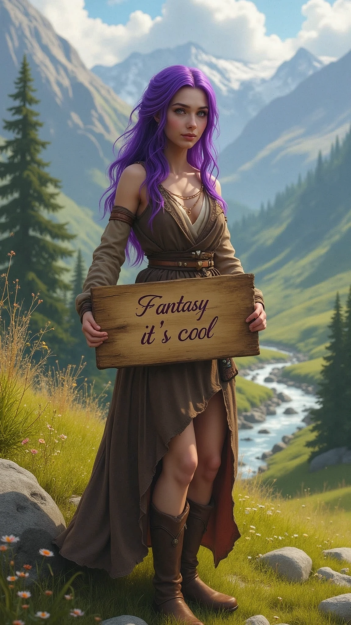 A beautiful girl with purple hair in a torn brown tunic holds a sign in her hands with the inscription "Fantasy it's cool", Fantasy landscape with meadows, hills, mountains, forest and river