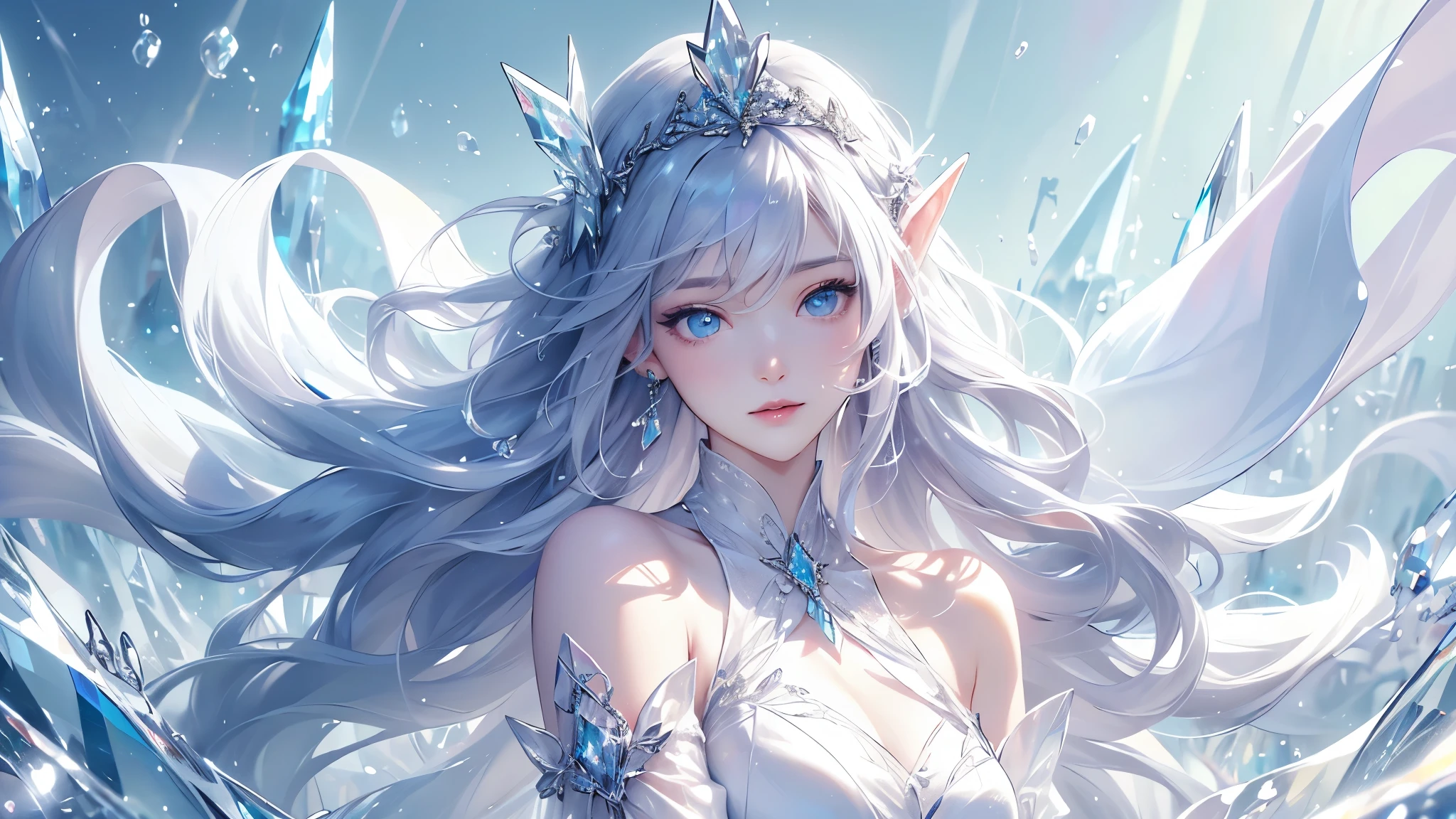 (masterpiece、Highest品質、Highest、Official Art、beautifully、aesthetic、exposed for a long time:1.2)、Smooth movement、Attractive patterns、One Girl、(Long dress with sleeves:1.3)、(((White clothes)))、Upper Body close-up、Expose your shoulders、Korean Girls、smile、Light purple long hair、Portraiture、alone、Upper Body、Looking at the observer、Detailed Background、Detailed face、(Crystallized AI、Crystal Theme:1.1)、Elemental Wind Elf、回転Wind、 Wind、White crystal clothes、Dynamic pose、Suspended particles、Aether Dynamics、旋Wind、vapor、背景に旋Wind、White Tone、旋Wind、Ethereal atmosphere、from front:1.4