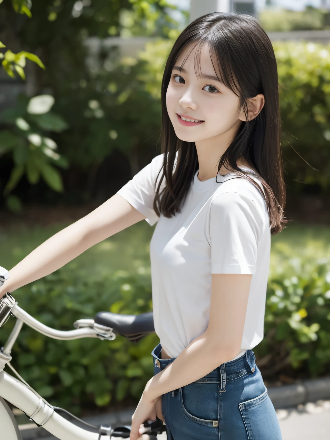 masterpiece, highest quality, 8K, , RAW photo, award-winning portraits, alone, noon, idol face,whole body,violaces, delicate girl, whole body, Completely naked、Digital single-lens reflex camera, looking at the viewer, shy smile、shame、flushed cheeks、thin arms, small breasts, nipple, small ass、thin waist、Frank, Sophisticated, like々New, thin arms, professional lighting, film grain, black eyes,chromatic aberration, (detailed eyes and face:1.0), (Bokeh:1.1),(hyper pretty face:1.2),(white shirts:1.3),(blue jeans:1.2),(whole body:1.3),above the knee,(cute girls ride the bicycle:1.3),(angle from the side:1.3), (transparent nipples:1.2) looking at the viewer