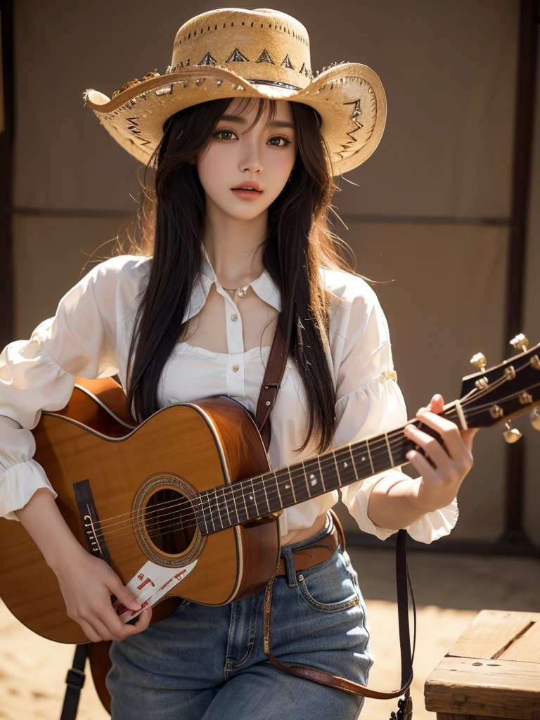 western cowboy style, best quality, 8k, very delicate and beautiful, highly detailed face and skin texture, shiny skin, high resolution, sexy girl in cowboy costume playing guitar at western cowboy town, sharp focus