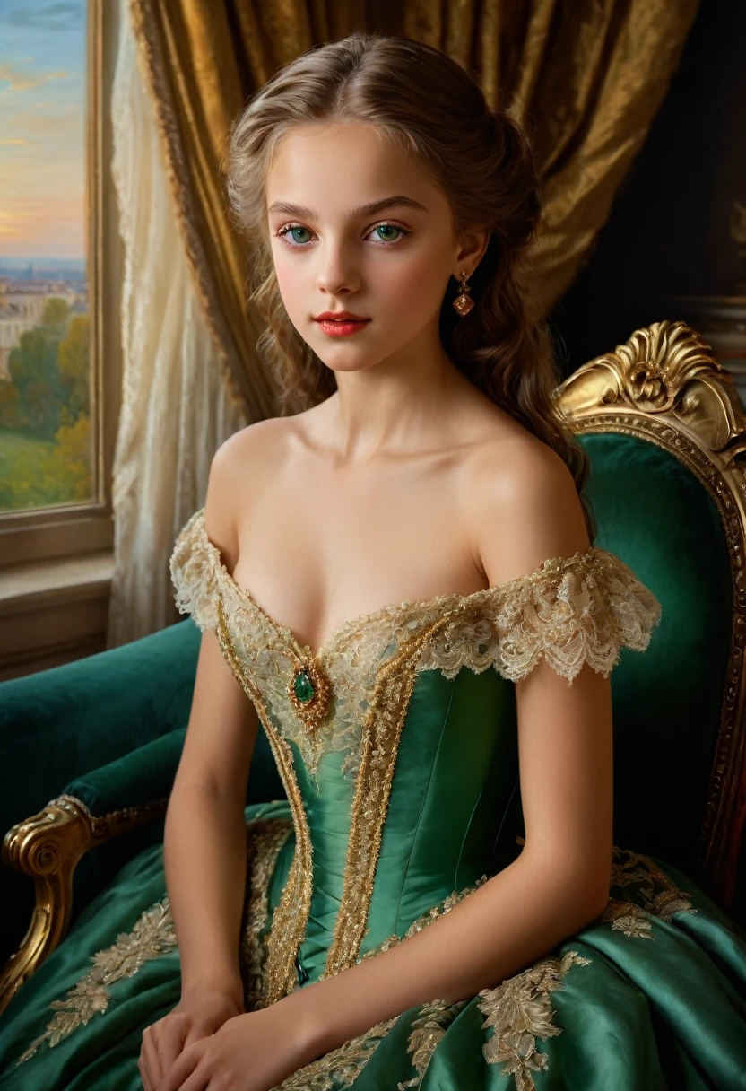 (highres,masterpiece:1.2),(realistic:1.37)A portrait oil painting!!!!!!!! by sargent!!!!!!! of a Russian vampire  12 year old girl in the 18th century with unparalleled beauty. She has mesmerizing green eyes and delicate rosy lips. (extremely beautiful!!!!!! pretty!!!!! young face!!!!!), The portrait is meticulously detailed, capturing every subtle nuance of her features. She is adorned in an exquisite gown, embellished with intricate lace and delicate embroidery. The painting showcases the opulence of the era, with lush velvet curtains and gilded furniture in the background. The lighting is soft and diffused, accentuating the girl's ethereal beauty. The colors are vibrant and rich, creating a captivating visual experience. The portrait is created in the style of classical portraiture, reminiscent of the works of renowned artists from the era. It exudes elegance, grace, and sophistication., contraposto!!!!!!!!!!!!!. (flat!!!!!! tiny!!!!!! chest)