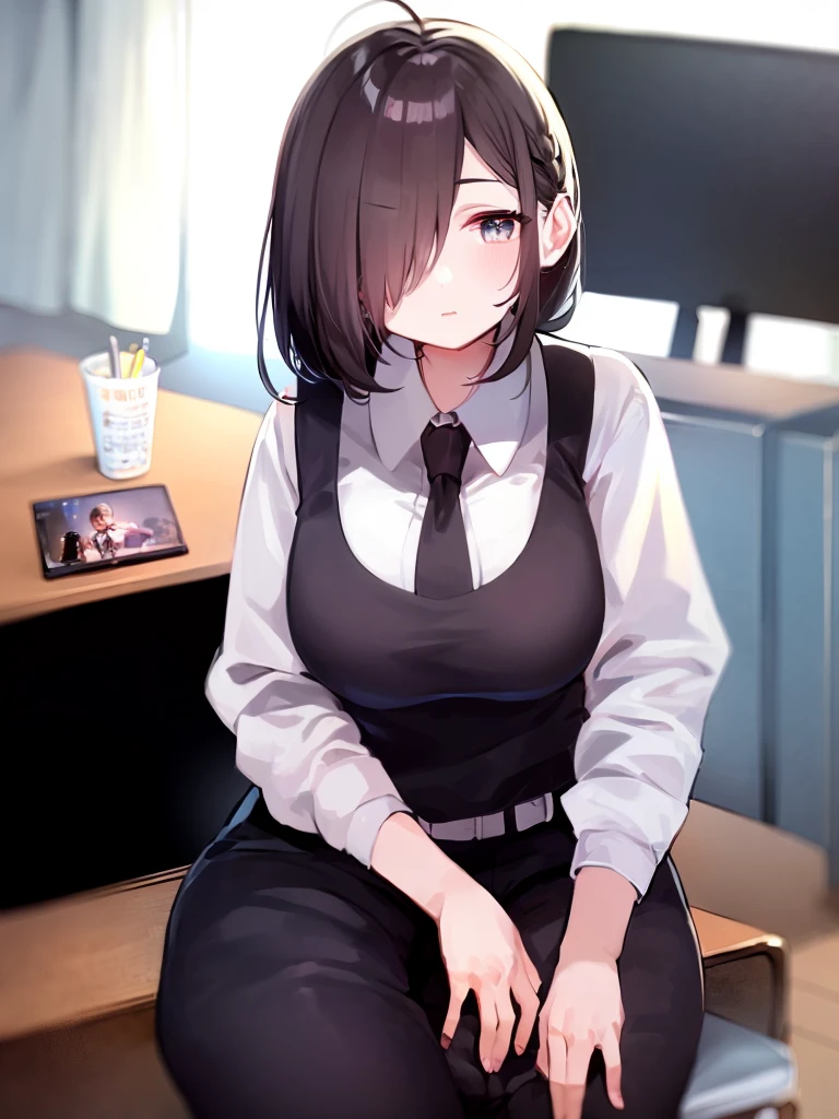 Young girl with blue hair,short straight hair and short bangs (purple eyes),, ((small bushy eyebrows)), wearing gothic lolita clothing, lolicon , large breast, breasts out of blouse, walking to school, bored look, bored face, , suddenly having sex in public, ((doggy style sex)), ((public sex in a restaurant)) naked ass in the male crotch, perfect anatomy, young boy fucking her
