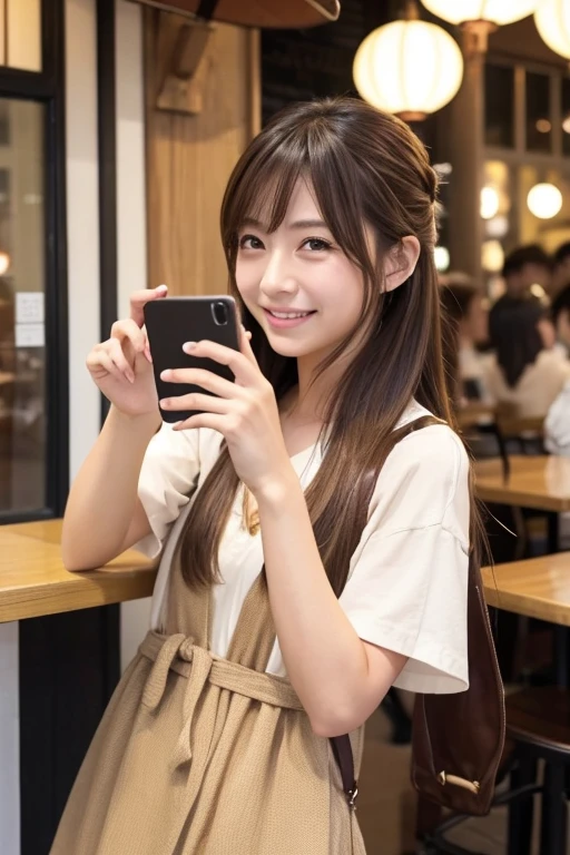 Japanese Gal、The hair is long and light brown、The fashion is casual and stylish。In the background is a cafe、A scene where a person is taking a selfie with a smartphone。Her smile is shining。」