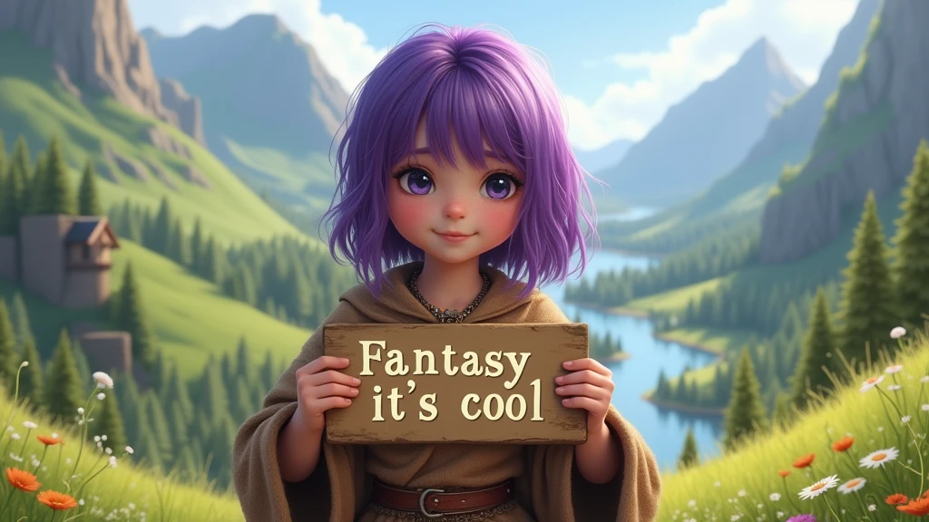 A cute beautiful girl with purple hair in a torn brown tunic holds a sign in her hands with the inscription "Fantasy it's cool",  Fantasy landscape with meadows hills mountains forest and river and photorealistic clear texture, girl looking at the camera