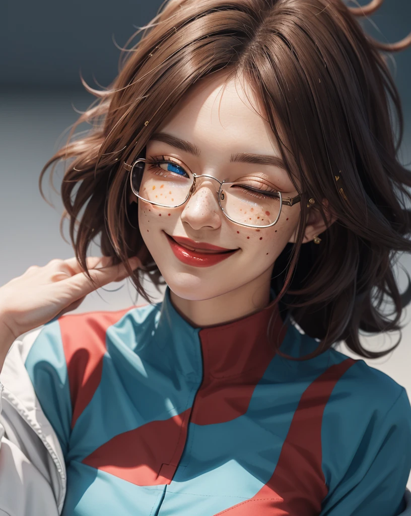 1 girl, android 21, dragon ball fighter Z, masterpiece, 4k, realistic, long whavy brown hair, shining blue eyes, red eyeliners, freckles, square glasses, labcoat, chess patterned dress, blue and red patterned dress, very confident, big smug smile, closed eyes, leaning to viewer, portrait, big blush, blurry background, bright colors, close up, face focus.