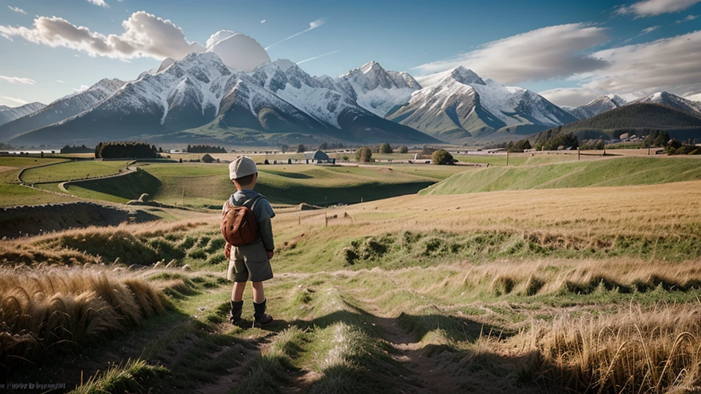 In the vast barley fields,The protagonist is a little boy with a buzz cut,Standing in the barley field and looking into the distance,The background is a towering snow-capped mountain,There are temples on the snowy mountains,Miyazaki style