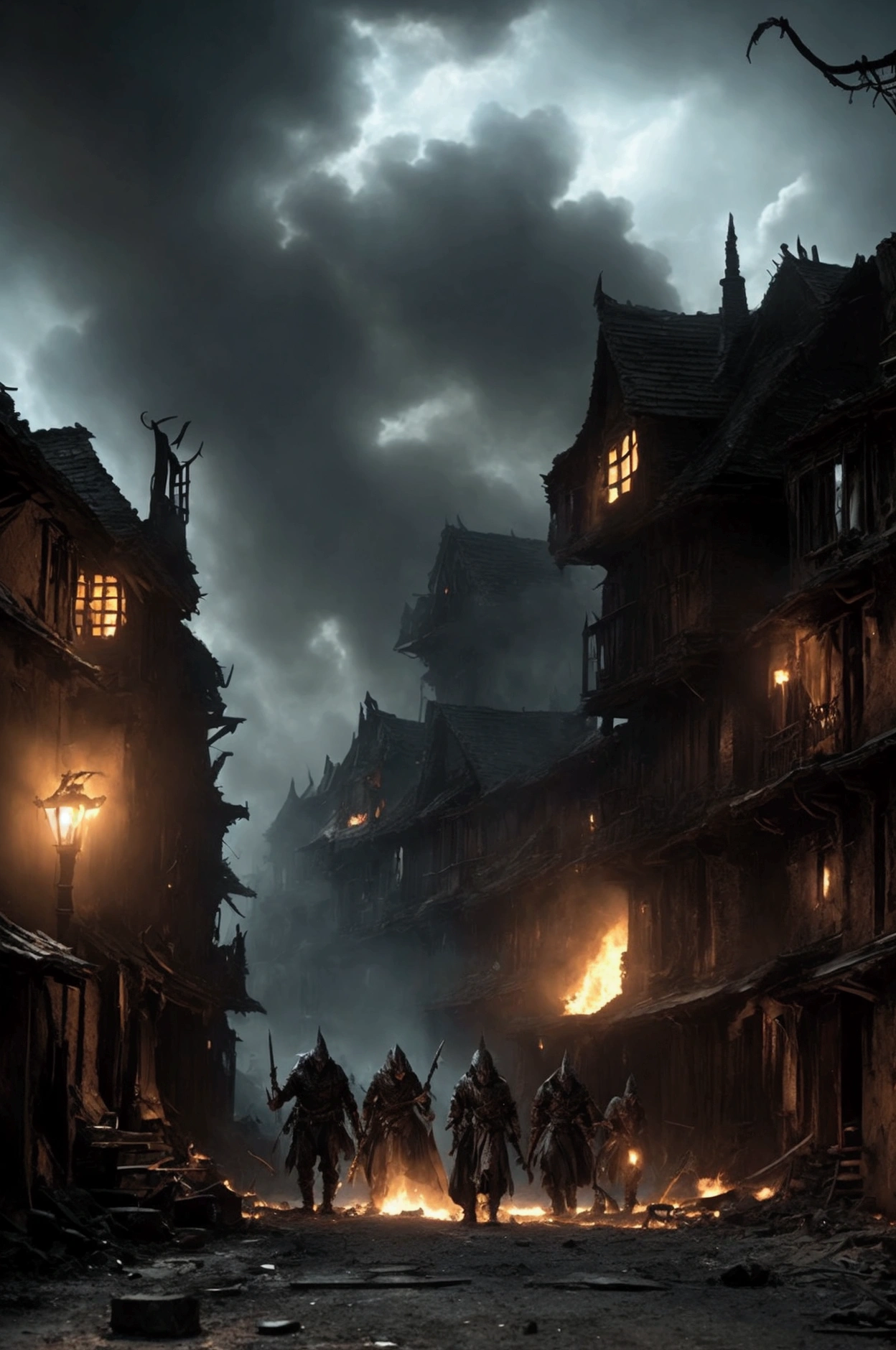 A cinematic, epic scene of a dark army led by a Dark Lord invading a village at dusk. The sky is filled with dark clouds and smoke from burning buildings. The Dark Lord, towering and menacing, wields a staff emitting dark energy. The army includes shadowy figures and various monstrous creatures wreaking havoc. Villagers are fleeing in terror, some carrying children or belongings. Fires blaze throughout the village, adding to the chaos. Focus on dynamic motion, dark magic, and the intense, apocalyptic atmosphere.