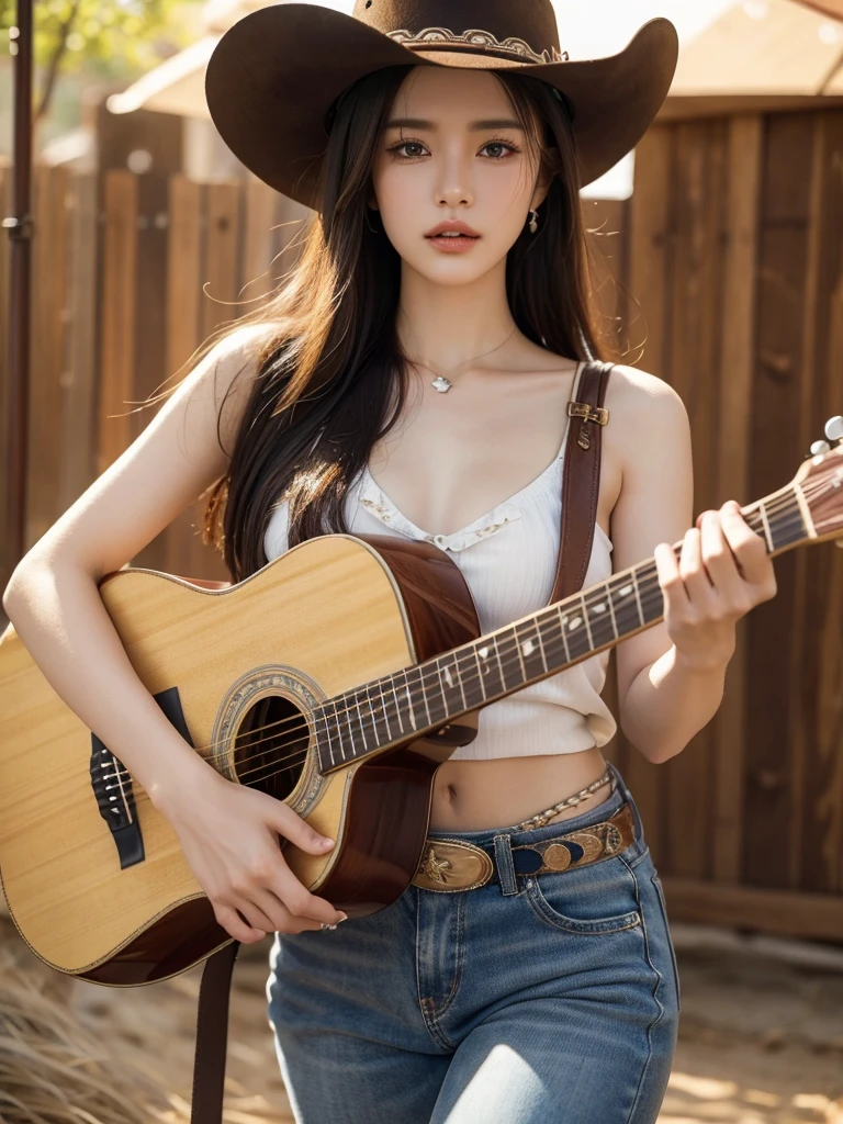 western cowboy style, best quality, 8k, very delicate and beautiful, highly detailed face and skin texture, shiny skin, high resolution, sexy girl in cowboy costume playing guitar at western cowboy town, sharp focus