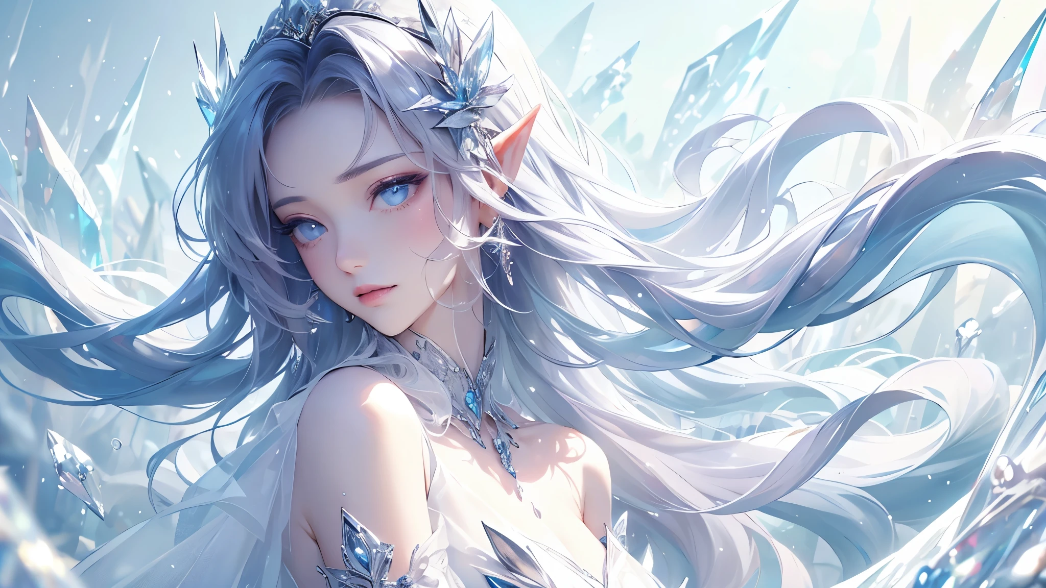 (masterpiece、Highest品質、Highest、Official Art、beautifully、aesthetic、exposed for a long time:1.2)、Smooth movement、Attractive patterns、One Girl、(Long dress with sleeves:1.3)、(((White clothes)))、Upper Body close-up、Expose your shoulders、Korean Girls、smile、Light purple long hair、Portraiture、alone、Upper Body、Looking at the observer、Detailed Background、Detailed face、(Crystallized AI、Crystal Theme:1.1)、Elemental Wind Elf、回転Wind、 Wind、White crystal clothes、Dynamic pose、Suspended particles、Aether Dynamics、旋Wind、vapor、背景に旋Wind、White Tone、旋Wind、Ethereal atmosphere、from front:1.4