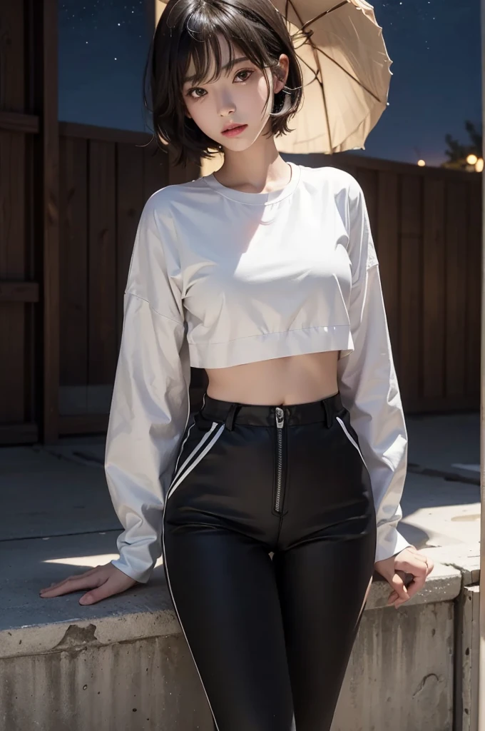 20 year old Japanese woman, Black Hair, (High Top Fade:1.3), Dark Theme, Calm tone, Calm colors, High Contrast, (Natural skin texture, Hyperrealism, Soft Light, sharp), Night Sky, full moon, Move the whole body:1.8, White shirt, Huge breasts:1.5, Small waist, belly button, hot pants, sticks snugly to the body, Thighs, sneakers,
