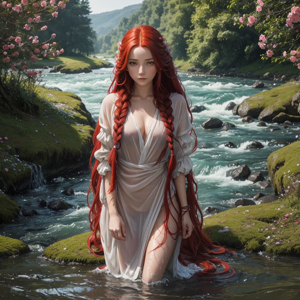 A young woman with long red hair, vuluptuous body wet and covered in clothing made of fibers and flowers, who is braiding her hair by the river.