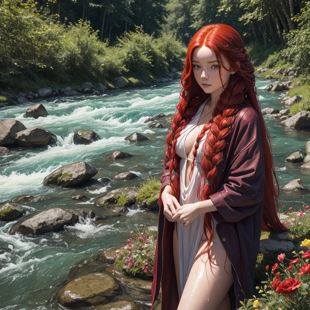 A young woman with long red hair, vuluptuous body wet and covered in clothing made of fibers and flowers, who is braiding her hair by the river.