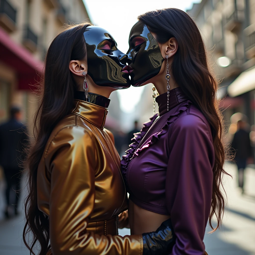 shallow depth-of-field, two exhausted intertwined gothic latex latexmask models kiss closer while wearing a shiny oil-lacquered latexmask with closed eyes lesbians together necking too sensually excited, wear enormous glossy vinyl eyeliner eyeshadows lipstick blush rouge makeup, puffed satin slick wrap blouse with button-front gothic shiny poly-vinyl liquid-lacquered latexmask thai has enormous eyeshadows & lipstick, 'very strongly colored eyelids with broad wide big eye-shadow & enormous dark glossy eyeshadows' & 'thick eyebrows', wearing a smooth transparent 'glossy shiny poly-vinyl' purple satin blouse with ruffles & 'gold pleated glossy shiny leather' pvc skirt with button-placket, adorned with a pleated purple satin croptop with hips with button-placket & dark-brown shiny pvc gloves, golden long-sleeved floor-length pvc vest with a button-placket & glossy brown poly-vinyl shiny pvc long-tunic shimmer wetlook glitter leggings and oil-lacquered latexmask with poly-vinyl high-collar blouse with a long button-placket,two intertwined lesbians embrace, closed eyes, flirting, touch each other, enormous gothic eyeliner eyeshadows, enormous glossy shiny lips, enormous blushed rouged cheeks, puffed satin wrap blouse, makeup with a lot of blush and very much rouge, enormous eyeshadows & lipstick, 'very strongly colored eyelids with broad wide big eye-shadow & enormous dark glossy eyeshadows' & 'thick eyebrows', wearing a transparent 'glossy shiny poly-vinyl' purple satin blouse and latexmask with ruffles & 'gold pleated glossy shiny leather' pvc skirt with button-placket, adorned with a pleated purple satin trenchcoat tailored with button-placket & dark-brown shiny pvc gloves, wear a golden long-sleeved floor-length pvc vest with a button-placket & glossy brown poly-vinyl shiny pvc long-tunic shimmer wetlook glitter leggings, in the city streets during a sunny day