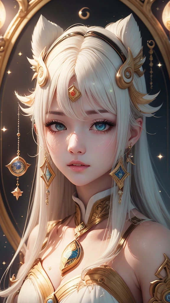 (masterpiece、Highest quality、Highest quality、Beautiful and beautiful:1.2)、Focus on the eyes、The delicate story of a girl with milky white hair、Astrologer costume、lime、Beautiful Eyes、lips、Fog rising from the feet、flash、Illumination、12 Zodiac Signs、Going around、Luminous Splash in Both Hands、Overflowing、Beautiful 3D Earth、Deep Background