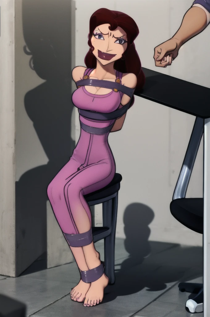 model shoot style, megara, 1 girl, Long dark hair, Horse tail, purple eyes, shadow, long purple greek dress, sandals, bare shoulders, arms tied behind his back with gray chains, Leaning forward, eyes wide open with fear, looking at the viewer,5 toes, black toe nails, Focus full body, (((sit on a chair))), tied ankles together,tied arms,(((barefoot)))