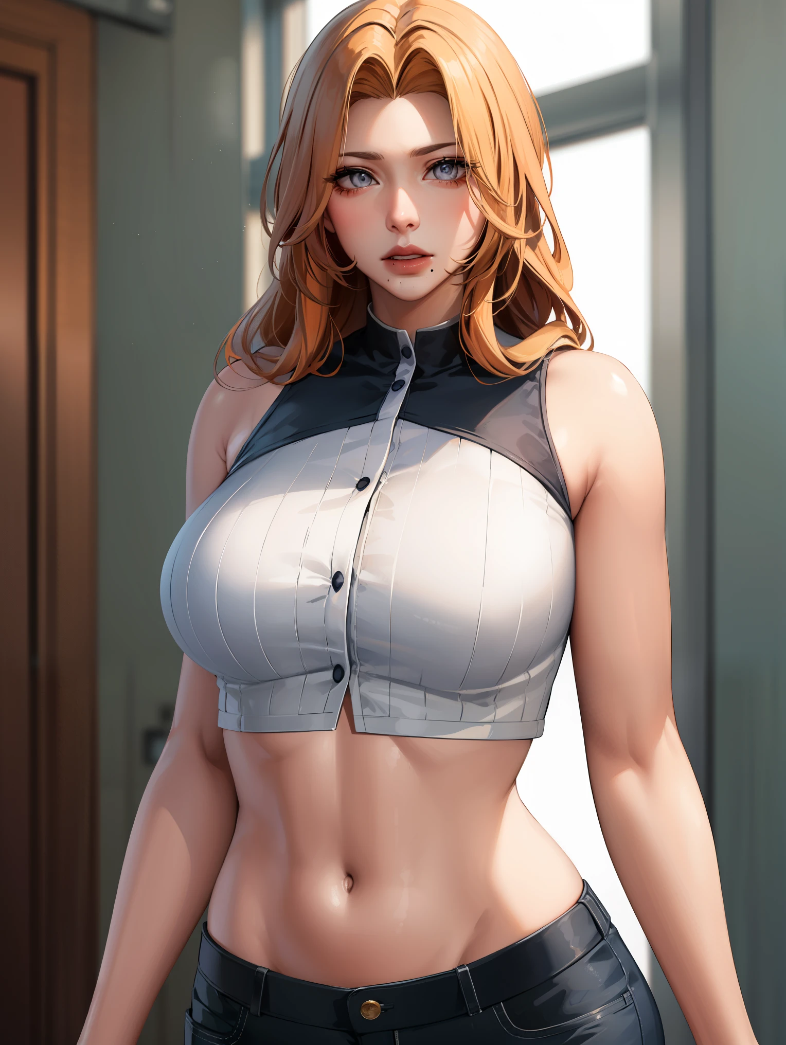 rangikumatsumoto, rangiku matsumoto, long hair, (grey eyes:1.5), orange hair, mole, mole under mouth, parted bangs,
BREAK (purple crop top, sleeveless:1.2),
BREAK indoors, classroom,
BREAK looking at viewer, (cowboy shot:1.5),standing,pose, arms behind back,
BREAK (masterpiece:1.2), best quality, high resolution, unity 8k wallpaper,NSFW ,(illustration:0.8), (beautiful detailed eyes:1.6), extremely detailed face, perfect lighting, extremely detailed CG, (perfect hands, perfect anatomy),