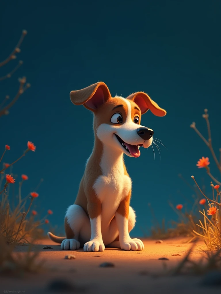 animation about a Dog, in the style of dark white and orange, minimal design, realistic painted still lifes, cartoonish innocence, dark sky-blue and white 