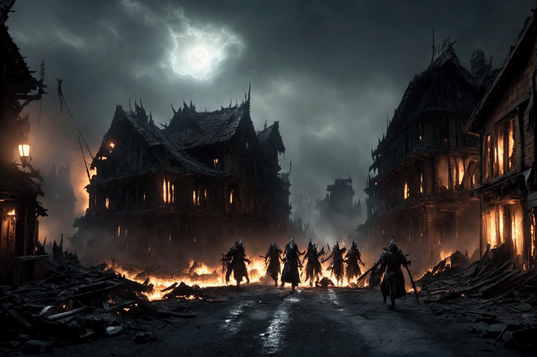 A cinematic, epic scene of a dark army led by a Dark Lord invading a village at dusk. The sky is filled with dark clouds and smoke from burning buildings. The Dark Lord, towering and menacing, wields a staff emitting dark energy. The army includes shadowy figures and various monstrous creatures wreaking havoc. Villagers are fleeing in terror, some carrying children or belongings. Fires blaze throughout the village, adding to the chaos. Focus on dynamic motion, dark magic, and the intense, apocalyptic atmosphere.