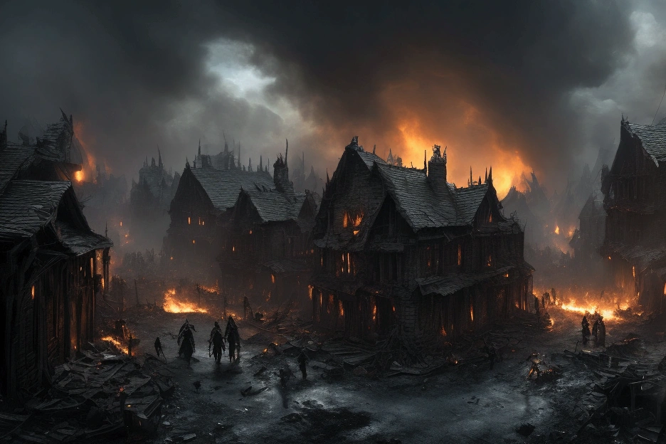 A cinematic, epic scene of a dark army led by a Dark Lord invading a village at dusk. The sky is filled with dark clouds and smoke from burning buildings. The Dark Lord, towering and menacing, wields a staff emitting dark energy. The army includes shadowy figures and various monstrous creatures wreaking havoc. Villagers are fleeing in terror, some carrying children or belongings. Fires blaze throughout the village, adding to the chaos. Focus on dynamic motion, dark magic, and the intense, apocalyptic atmosphere.