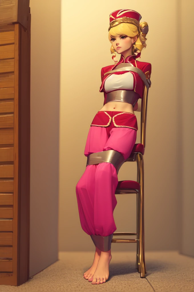 mature female, (full body:1.3), eyeliner, (blonde hair updo), wearing pink genie giab_1, crop top shirt, red crop jacket, sheer harem pants with elastic cuffs, gold embroidery, hat, (living room background), presenting crotch, pov,5 toes, black toe nails, Focus full body, (((sit on a chair))), tied ankles together,tied arms,(((barefoot)))