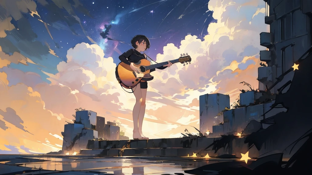 masterpiece,night,(dark alley),star、Night Sky、milky way、octone、
(1. Female), (solo), Knee hugging sitting,acousticguitar