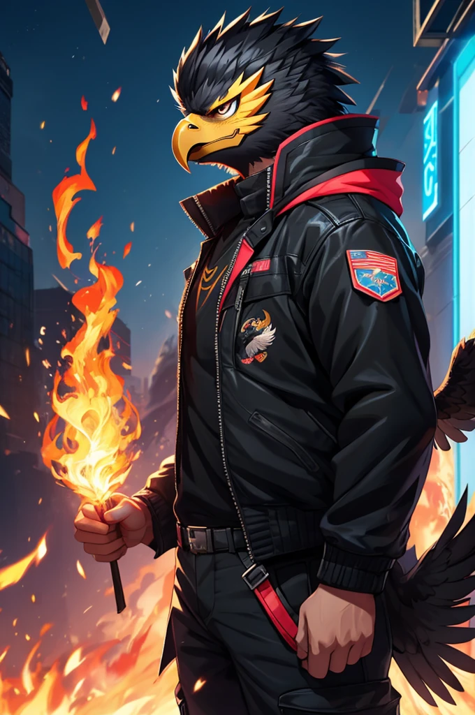 offcial art, Unity 8k papel de parede, ultra detaild, bonitas, Eagle man with anthropomorphic aura of fire ,neon eagle mask, with black jacket, with an angry face,Bblack hair ,fluffly, cute, shorty, kawaii, drawning