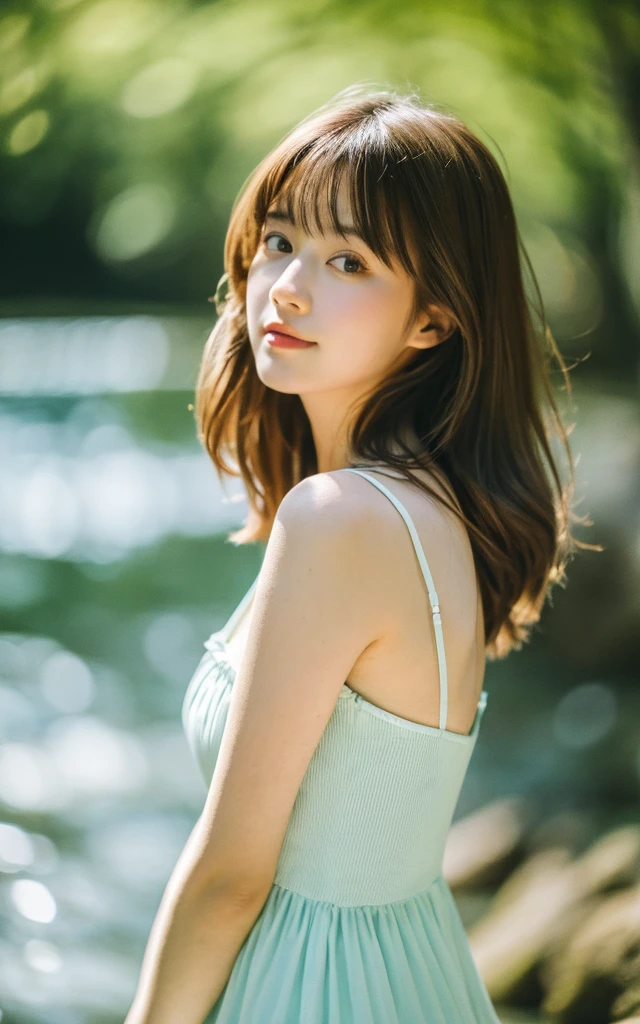masterpiece, Best Quality, 8K, 1 girl, Japanese cute girl, in summer, forest, stream, out of focus, 18 yo, large breasts, Mouth slightly open, cute little, Solo, sad, summer dress, Girly, Delicate girl, Neat and clean beauty, Raw photo, Professional Photography, Portrait, Soft light, Professional Lighting, Back lighting, Upper body, see the beholder, Sophisticated, Film grain, (Eyes and faces with detailed:1.0), medium hair swaying in the wind, beautiful flowing brown hair,