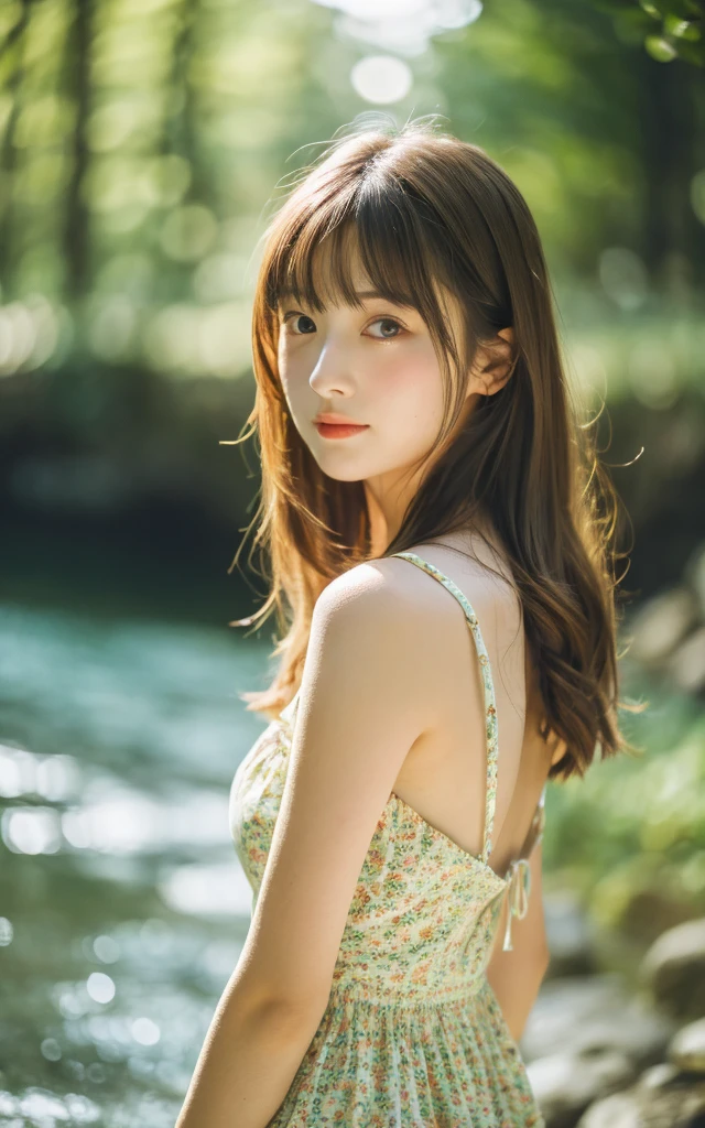 masterpiece, Best Quality, 8K, 1 girl, Japanese cute girl, in summer, forest, stream, out of focus, 18 yo, large breasts, Mouth slightly open, cute little, Solo, sad, summer dress, Girly, Delicate girl, Neat and clean beauty, Raw photo, Professional Photography, Portrait, Soft light, Professional Lighting, Back lighting, Upper body, see the beholder, Sophisticated, Film grain, (Eyes and faces with detailed:1.0), medium hair swaying in the wind, beautiful flowing brown hair,
