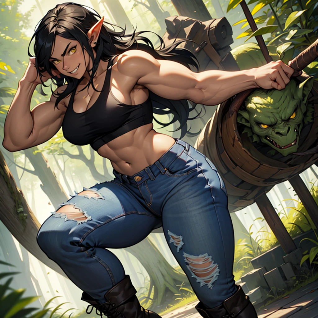 (forest, nighttime, dark atmosphere), solo, ((((1 girl)))), very long hair, black hair, angry, yellow eyes, (((((muscular))))), (((huge tits))), (thick thighs), (wide hips), pale skin, (elf, long pointy ears), standing, slick hair