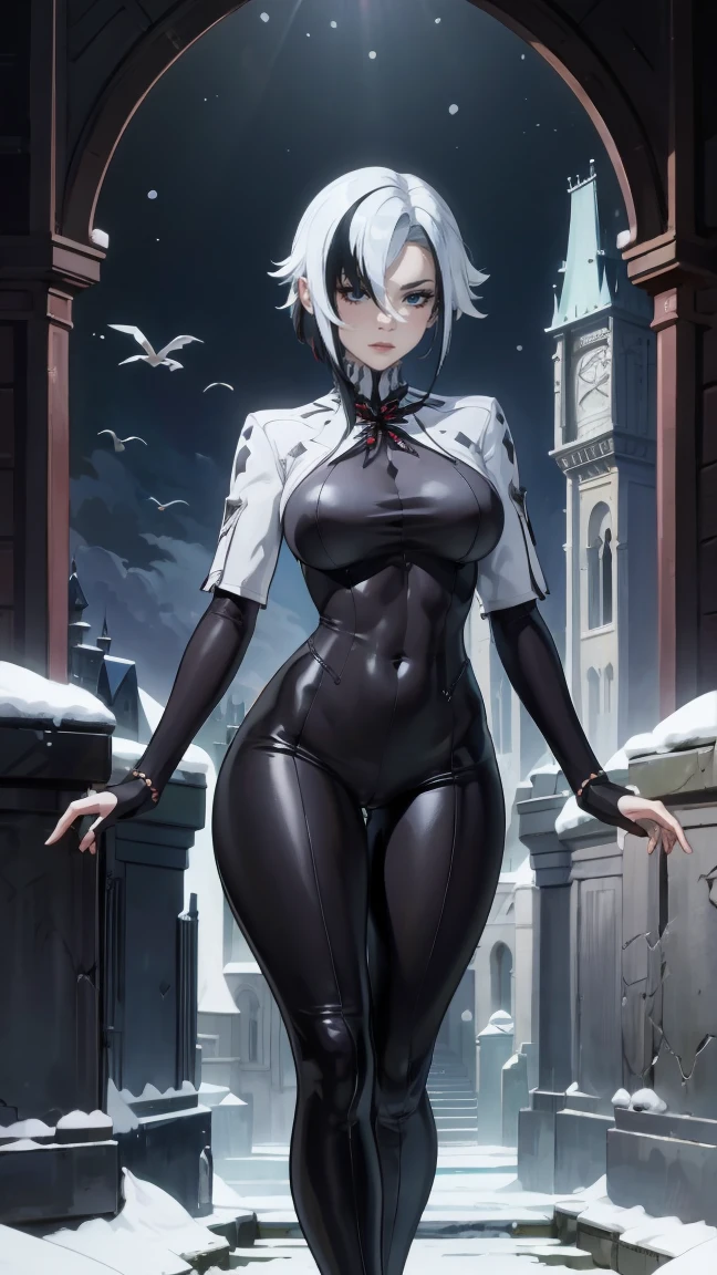 thick outlines, comics, photorealistic, perfect hands, masterpiece:1.2, body and face close, portrait of a girl, emphasis on the face, ass pov, tight clothes, beautiful figure, red crosses instead of pupils, full length (full body 1.1), кафедральный cathedral, Dark, Gothic, detailed background, snow, cathedral, 1 girl, One, White hair, black hair, multicolored hair, X-shaped pupils, black eyes, Arles_suit, , detailed background, detailed face, detailed eyes,